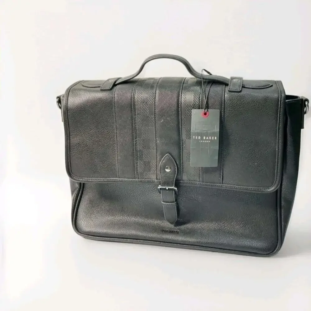 Ted Baker London Black House Check Messenger Bag Briefcase Satchel Buckle NWT